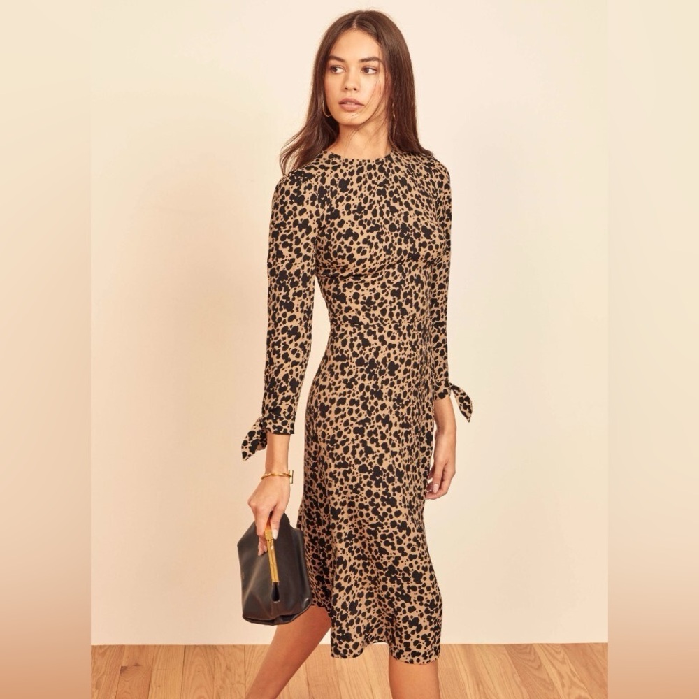 Reformation Cheetah Print Port Dress Brown Black Leopard Midi
